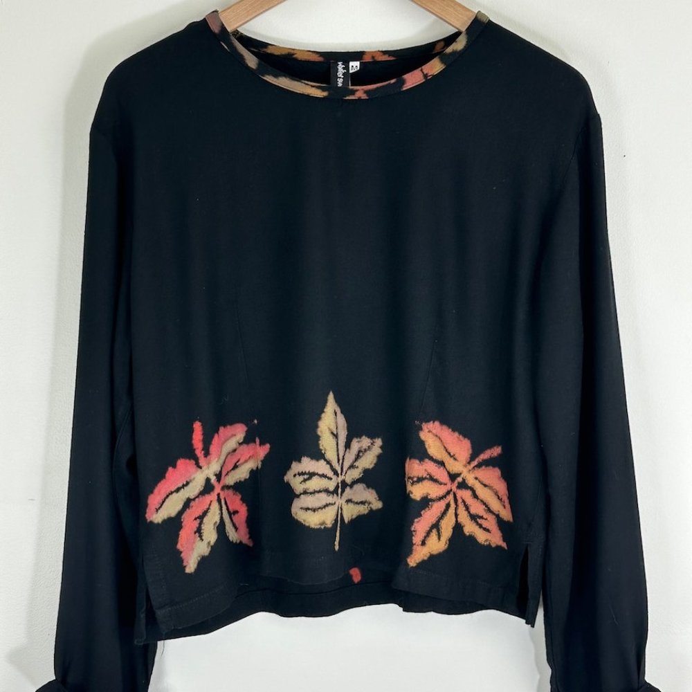Vintage WINTER SUN Artsy Boho Leaf Print Wearable Art Top M